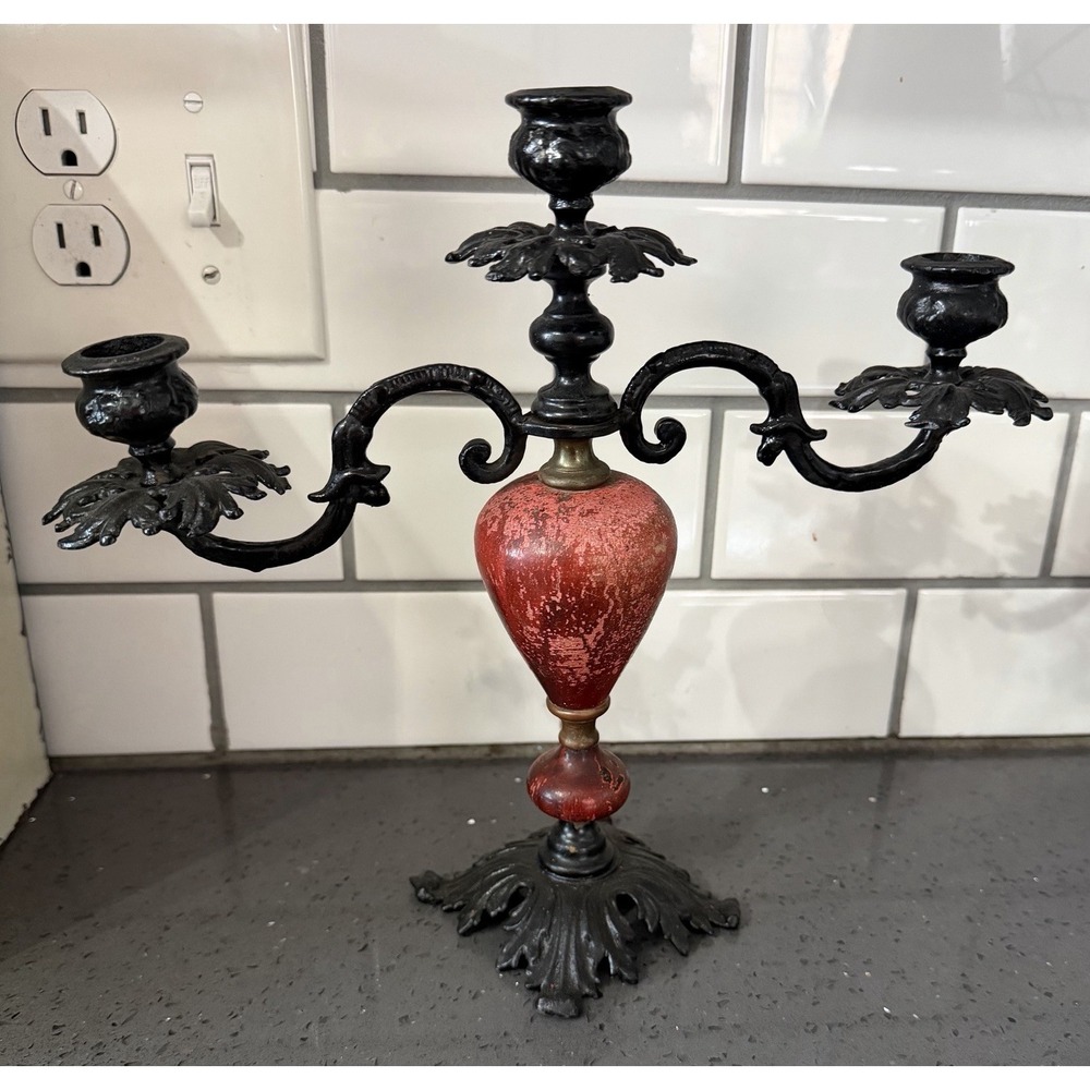 Italian Baroque‎ Brevettato Style Black Metal 3 Arm Candelabra Red Ornate